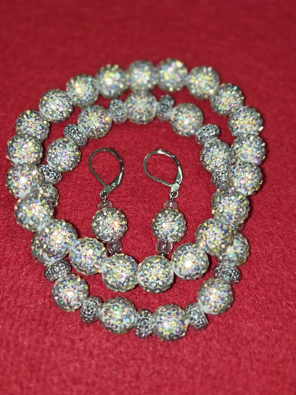 Crystal Beaded  Bracelet in Iridescent White.Earrings And Fingerring Watch.